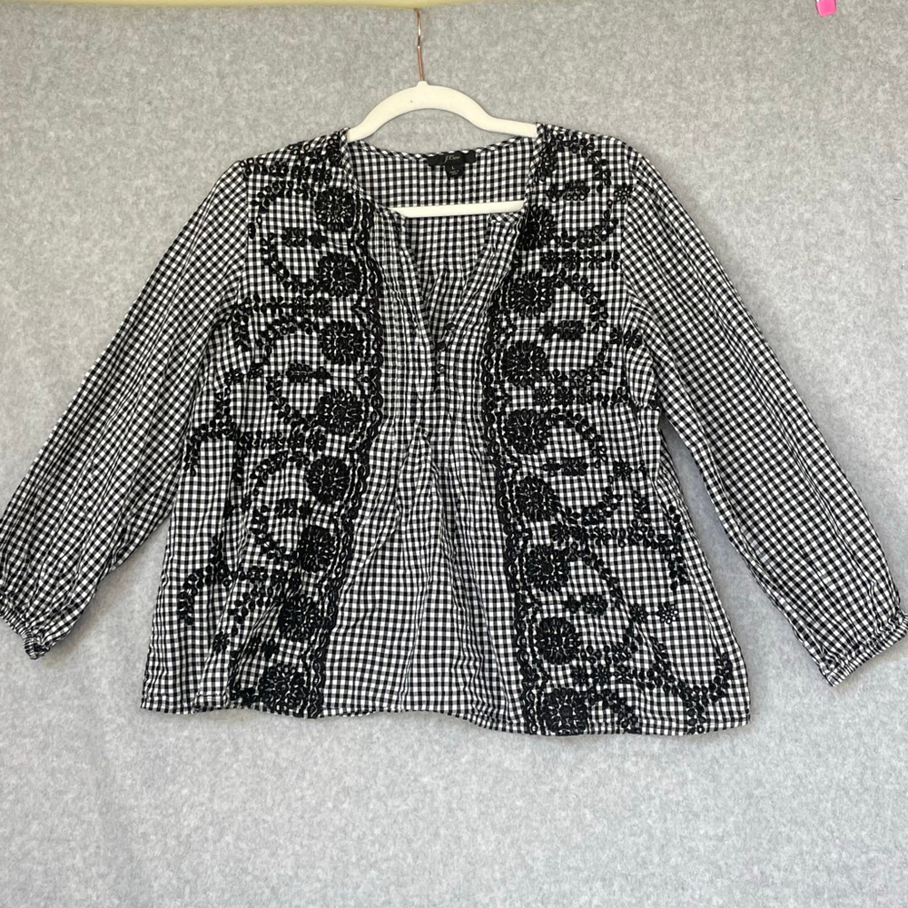 J.Crew Women's Large Black White Gingham Embroidered Blouse 3/4 Sleeve #03
